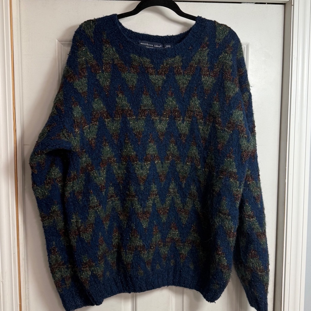 Northern‎ Isles Mens Knit Sweater XXL Blue Diamond Pattern Wool Blend Hand Knit